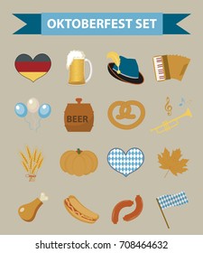 Oktoberfest icon set, flat or cartoon style. October fest in germany collection of traditional symbols, design elements with beer, food, cap. Isolated on white background. Vector illustration