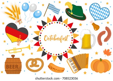 Oktoberfest icon set, flat or cartoon style. October fest in germany collection of traditional symbols, design elements with beer, food, cap. Isolated on white background. Vector illustration