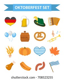 Oktoberfest icon set, flat or cartoon style. October fest in germany collection of traditional symbols, design elements with beer, food, cap. Isolated on white background. Vector illustration