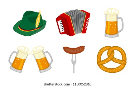 Oktoberfest icon set. German Beer festival design elements with beer mug, pretzel, accordion, Bavarian hat, and sausage isolated on white background. Vector illustration.