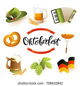 Oktoberfest icon set with hat, accordion, sausage, pretzel, hops, flag and mug of beer. Vector illustration.