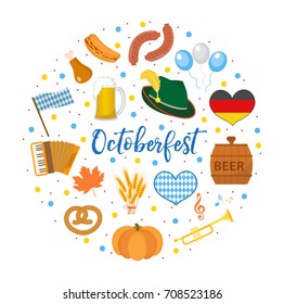 Oktoberfest icon set in round shape, flat or cartoon style. October fest in germany collection of traditional symbols. Isolated on white background. Vector illustration