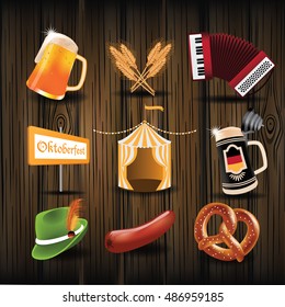 Oktoberfest icon set with sausage, pretzel and beer. EPS 10 vector.