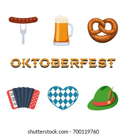 Oktoberfest icon set with sausage, pretzel, beer, hat, and accordion. Vector illustration in cartoon style isolated on white background