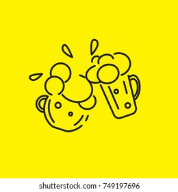 Oktoberfest icon. Two mugs of beer with foam clink. Line vector illustration