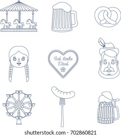 Oktoberfest icons. Bavarian man, woman, cookie heart, beer, pretzel, carousel/merry-go-round, ferris wheel, bratwurst. Vector line art. 