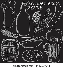 Oktoberfest icons. Beer and various snack. Hand drawn vector illustration.