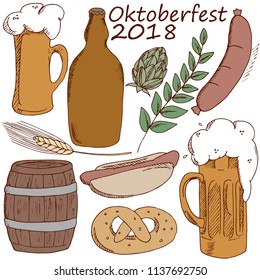 Oktoberfest icons. Beer and various snack. Hand drawn vector illustration.