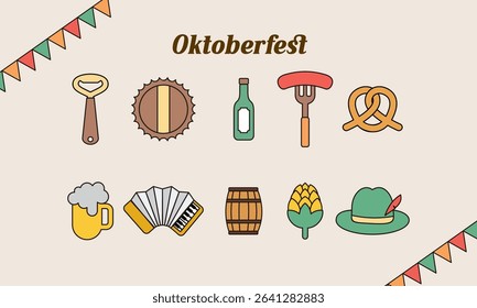 Oktoberfest icons and characters with frame lines. Flat design style minimal vector illustration
