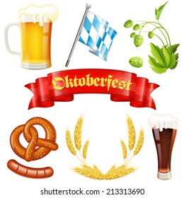 Oktoberfest Icons with Hops, Glass of Beer, Ears of Barley, Pretzel, Sausage, Bavarian Flag and Red Ribbon, vector isolated on white background