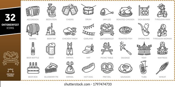 Oktoberfest Icons Pack. Leuchtzeilensymbole gesetzt. Flaticon bavarian Collection Set. Einfache Vektorsymbole