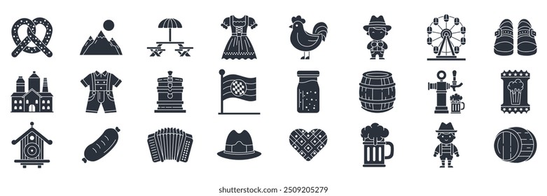 Oktoberfest icons set, Included icons as Accordion, Beer Barrel, Brewery, Dirndl Dress and more symbols collection, logo isolated vector illustration