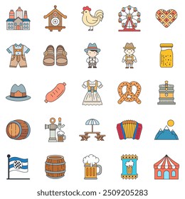 Oktoberfest icons set, Included icons as Accordion, Beer Barrel, Brewery, Dirndl Dress and more symbols collection, logo isolated vector illustration