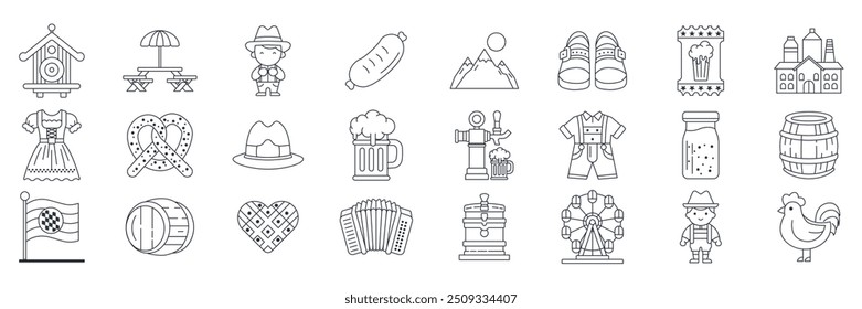 Oktoberfest icons set, Included icons as Accordion, Beer Barrel, Brewery, Dirndl Dress and more symbols collection, logo isolated vector illustration