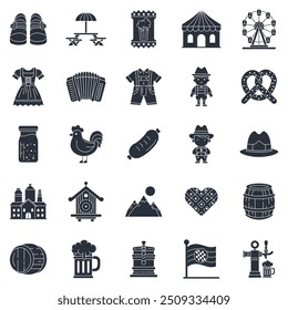 Oktoberfest icons set, Included icons as Accordion, Beer Barrel, Brewery, Dirndl Dress and more symbols collection, logo isolated vector illustration