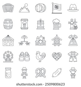 Oktoberfest icons set, Included icons as Accordion, Beer Barrel, Brewery, Dirndl Dress and more symbols collection, logo isolated vector illustration