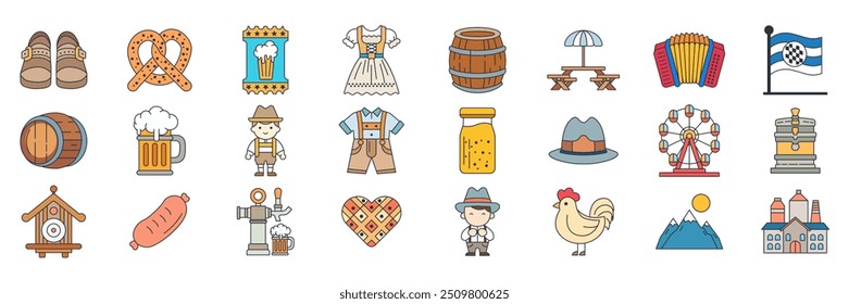 Oktoberfest icons set, Included icons as Accordion, Beer Barrel, Brewery, Dirndl Dress and more symbols collection, logo isolated vector illustration