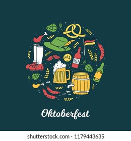 Oktoberfest illustration, beer festival design elements. German food and beer symbols isolated on dark background in circle. 