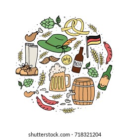 Oktoberfest illustration, beer festival design elements. German food and beer symbols isolated on white background in circle. 