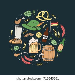 Oktoberfest illustration, beer festival design elements. German food and beer symbols isolated on dark background in circle. 