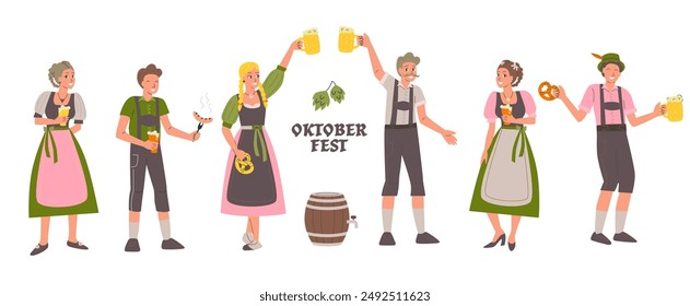 Ilustración del Oktoberfest. Celebración con ropa tradicional bávara y cerveza. Personas con cerveza, pretzels y salchichas. Hombres y mujeres usando el lederhosen y dirndl.