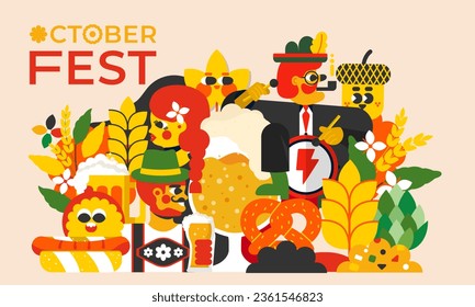 Oktoberfest illustration.
The image conveys the unique spirit of the holiday: people in traditional costumes raising beer mugs, german food and a lot of beer. Will perfectly complement your project.