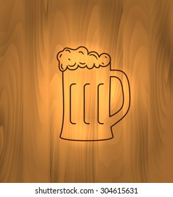 Oktoberfest Illustration, Mug Beer with Foam Scorch on Wooden Table, Old Style Vintage Background - vector
