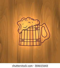 Oktoberfest Illustration, Mug Beer with Foam Scorch on Wooden Wall, Old Style Vintage Background - vector