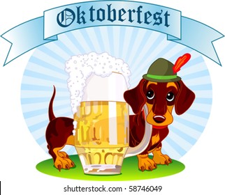 Oktoberfest Illustration of a sausage dog near  a pint of beer