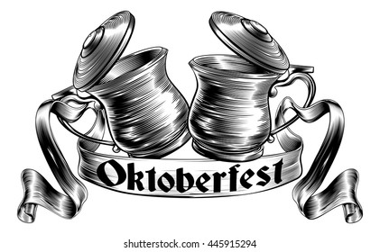 Oktoberfest illustration of a traditional beer stein or tankards chinking together in a prost toast with banner or scroll in a woodcut style