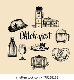 Oktoberfest illustrations set. Beer festival hand sketched signs or icons. Vector vintage brewery elements for festive posters or cards. Wiesn symbols.