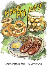 Oktoberfest inspired illustration to kick off the festivities in style. Hand drawn illustration of beer, pretzels and sausages on green background for posters, t-shirts, brochures and cards.