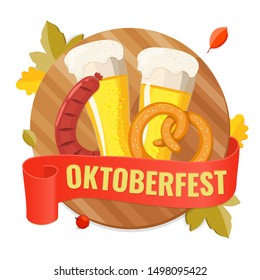 Oktoberfest. Invitation banner for party with beer, wooden Board, fried sausage and pretzel. Vector illustration.