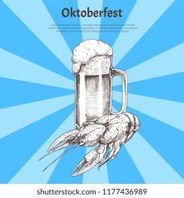 Oktoberfest invitation to holidays vector poster, isolated illustration of roasted crayfish, foamy beer in goblet with handle, tasty ale and snack