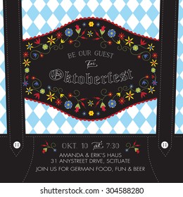 Oktoberfest Invitation Template with Lederhosen Suspenders, Flowers, and Bavarian Flag - Vector