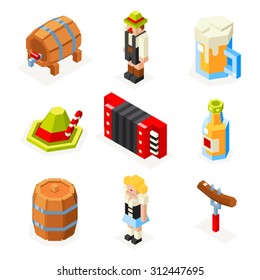 oktoberfest isometric 3d polygon icons set beer keg man woman accordion cap sausage fork glass  vector illustration