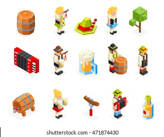 oktoberfest isometric polygon icons set beer keg man woman accordion cap sausage fork glass vector illustration