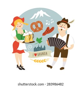 Oktoberfest label, Bavarian man and waitress with beer