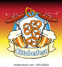 Oktoberfest label with beer, pretzels and sausages. Isolated