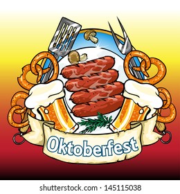 Oktoberfest label with beer, pretzels and sausages. Isolated