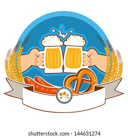 oktoberfest  label with hands of and beer.Vector color illustration isolated on white for text