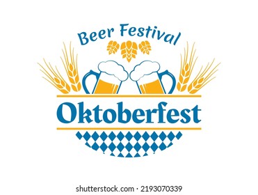 Oktoberfest label, logo or badge design. Beer emblem set. Bavaria brewery festival. October fest badges with beer mug, glass, wheat and malt. Vector illustration.