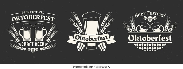 Oktoberfest label, logo or badge design. Beer emblem set isolated on a grunge background. Bavaria brewery festival. October fest icons with beer mug, glass, wheat and malt. Vector illustration.