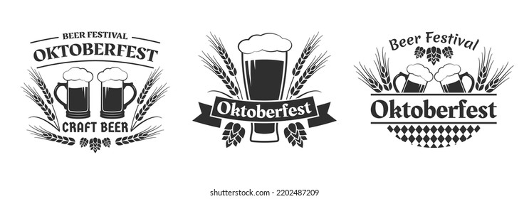 Etiqueta de Oktoberfest, logotipo o diseño de placa. Juego de emblemas de cerveza. Festival de Cervecería Baviera. Insignias del festival de octubre con jarra de cerveza, vidrio, trigo y malta. Ilustración vectorial.