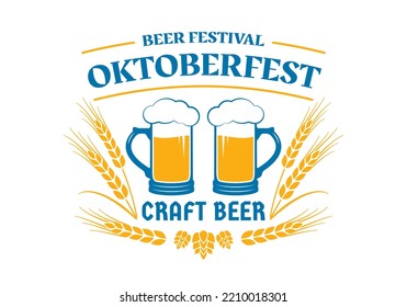 Etiqueta de Oktoberfest, logotipo o diseño de placa. Juego de emblemas de cerveza. Festival de Cervecería Baviera. Insignias del festival de octubre con jarra de cerveza, vidrio, trigo y malta. Ilustración vectorial.