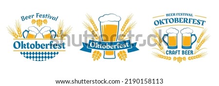 Oktoberfest label, logo or badge design. Beer emblem set. Bavaria brewery festival. October fest badges with beer mug, glass, wheat and malt. Vector illustration.