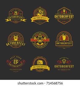 Oktoberfest labels, badges and logos set beer festival celebration text. Vector illustration.