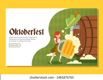 Oktoberfest landing page with girl holding a huge glass of beer and hat