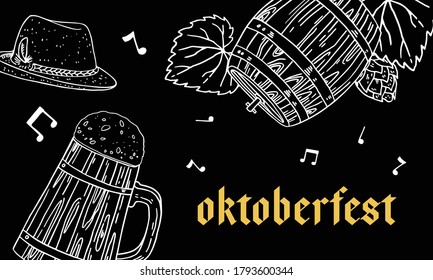 Oktoberfest landscape design template. Beer mug and barrel, traditional German hat
