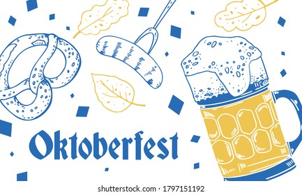 Oktoberfest landscape design template with beer mug and food. Hand drawn vector sketch illustration